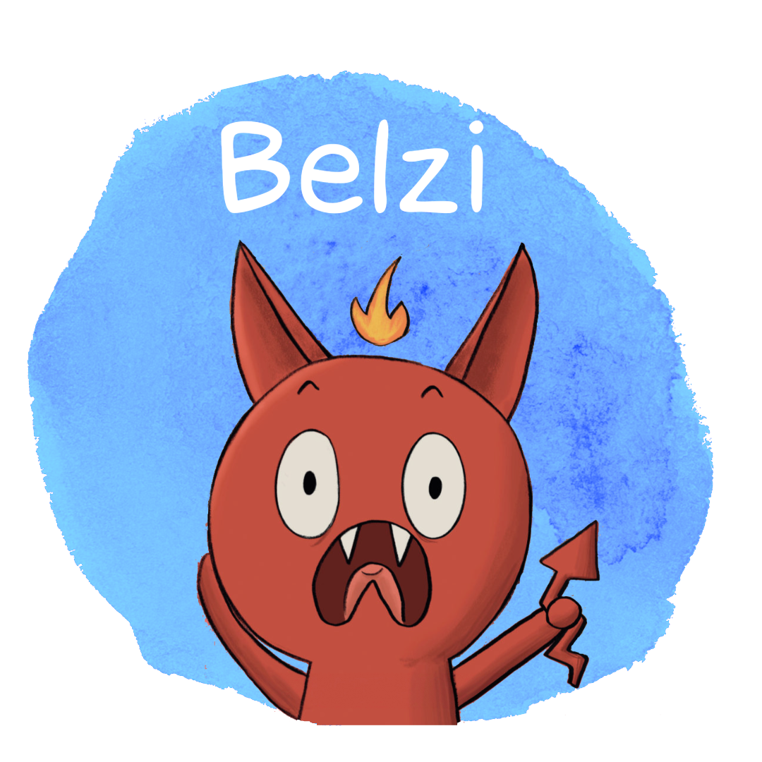 Der Charakter Belzi aus der Buchreihe Belzi Ohnehorn auf blauem Hintergrund