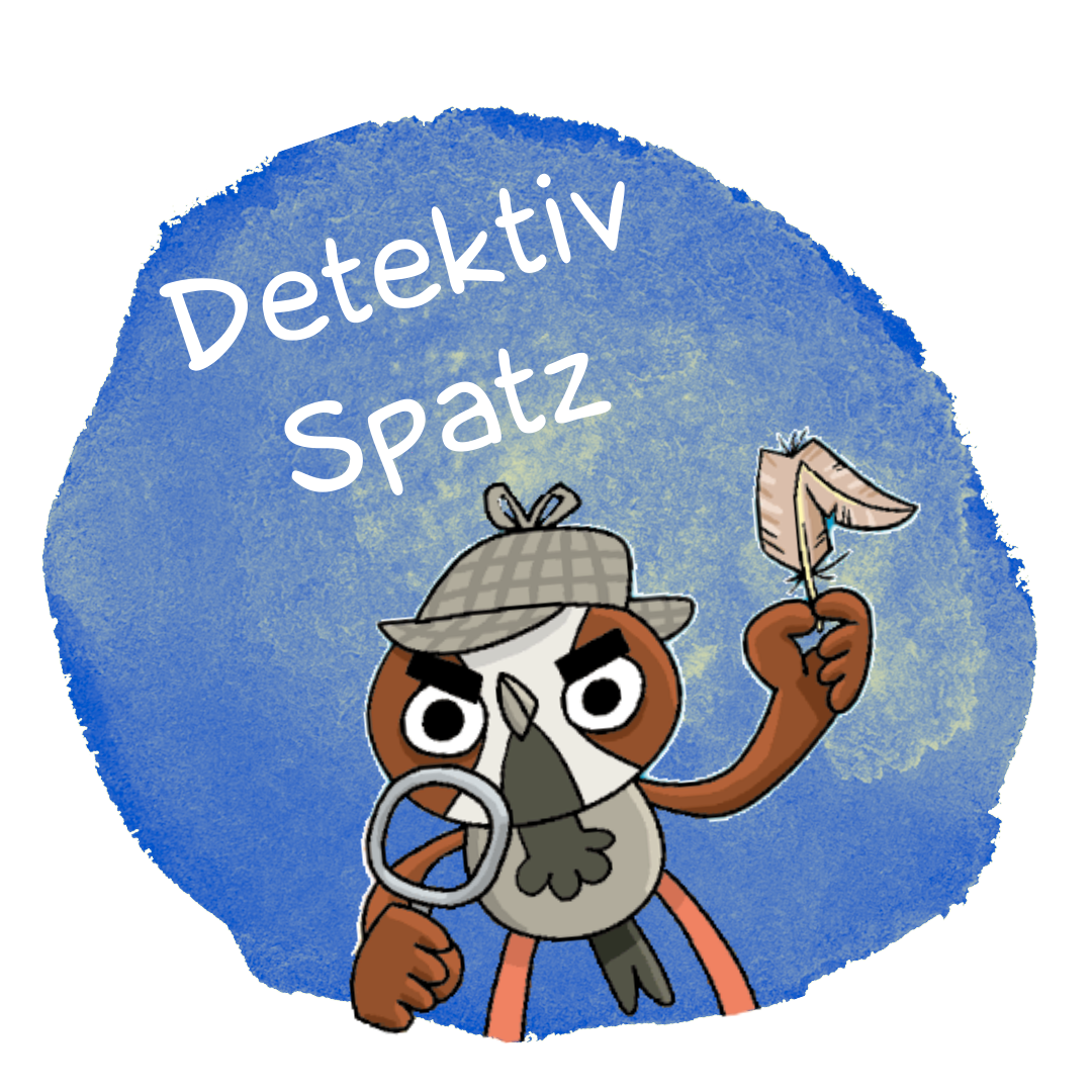 Der Spatz aus dem Comic Detektiv Spatz vor blauem Hintergrund