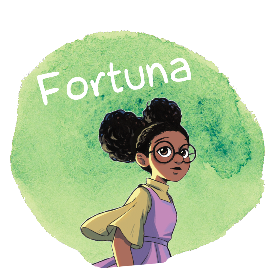 Fortuna aus der gleichnamigen Comicreihe vor einem grünen Hintergrund
