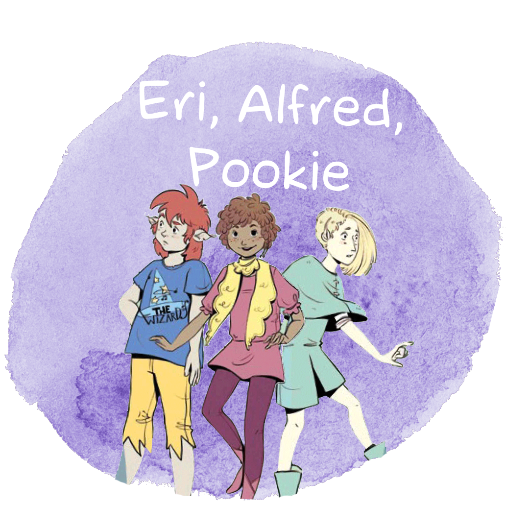 Die Figuren Eri, Alfred und Pookie aus dem Comic Abenteuer im Schattenwald und dem gleichnamigen Rollenspiel vor einem lilanen Hintergrund
