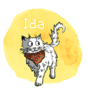 Wilkommen bei der Edition Helden 7 Die Katze Ida auf einem gelben Aquarell-Hintergrund.