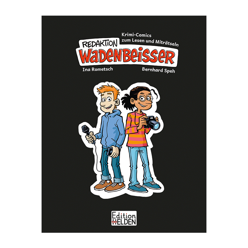 Cover "Redaktion Wadenbeißer" darauf zu sehen Ben und Klara als Sticker auf einem schwarzen Hintergrund.