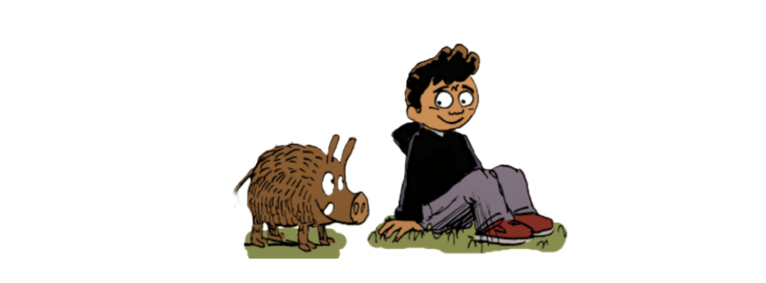 Bild zum Quiz: Timothy Top mit dem Wildschwein aus seiner Lieblingssendung "Das dynamische Duo"