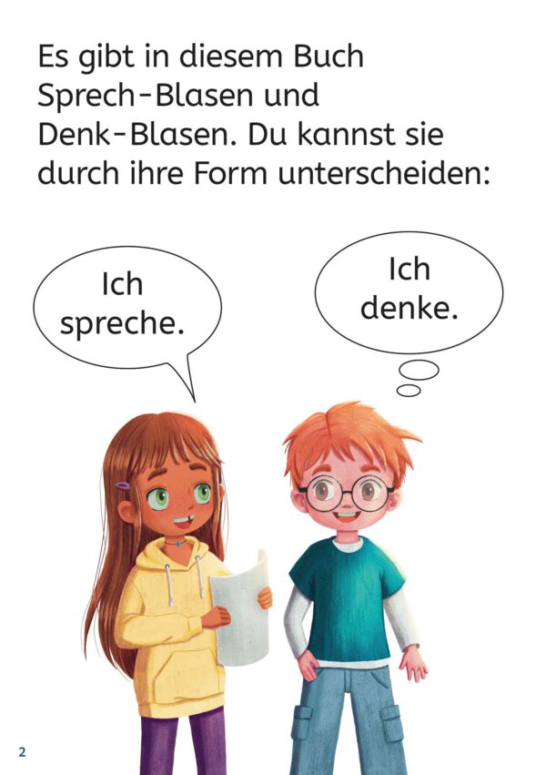 Erlärung zum Buch: Was sind Sprech- und Denkblasen. Ella ist mit einer Sprechblase abbildet und sagt: "Ich spreche.". Tim ist mit einer Denkblase abgebildet. Darin steht: "Ich denke."