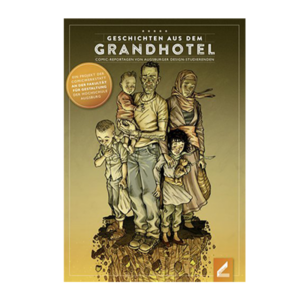 Geschichten aus dem Grand Hotel zu sehen: eine Flüchtlingsfamilie (Vater, Mutter und drei Kinder) die auf einem in sich zusammenfallenden Stück Gestein stehen