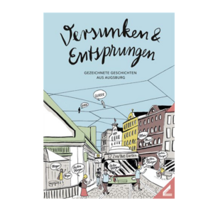 Versunken & Entsprungen zu sehen: ein Bus auf einer Straße (Kopfsteinpflaster), am Straßenrand bunte Häuser Menschen auf de Straße, die sich mit Sprechblasen "Guten Morgen" oder "Moin" zurufen. zwei Vögel auf den Stromleitungen Blauer Himmel