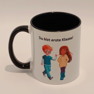 Tasse mit Ella und Tim aus der gleichnamigen Comicreihe und Aufschrift "Du bist erste Klasse!"
