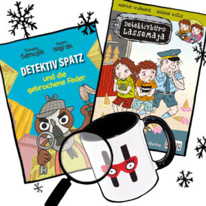 Detektiv Spatz + LasseMaja + Helden Tasse umgeben von schwarzen Schneeflocken. Es liegt eine Lupe dabei.