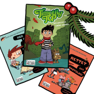 TimothyThop + Alex 1 + 2. mit einem dekorierten Tannenzweig.