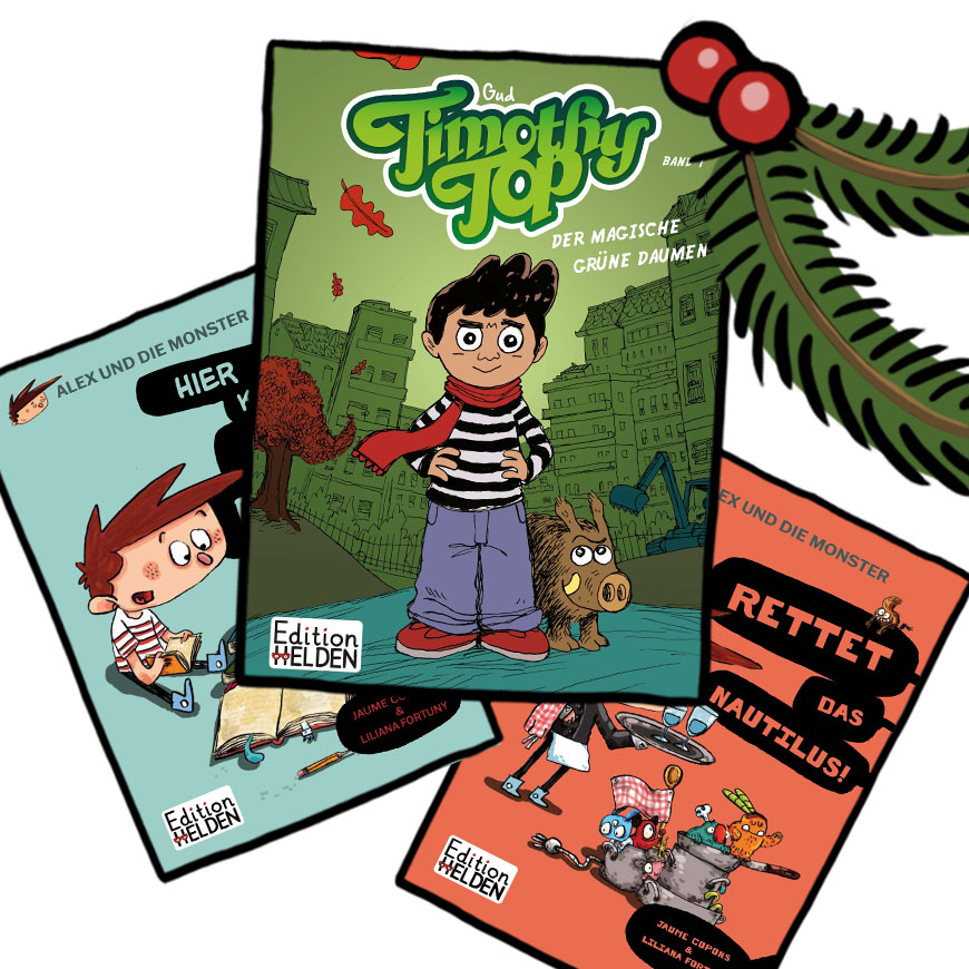 TimothyThop + Alex 1 + 2. mit einem dekorierten Tannenzweig.