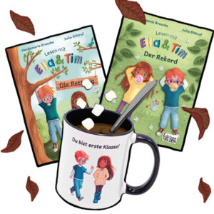 Ella und Tim 1 + 2 mit einer Tasse Kakao mit kleinen Marshmallows. Es fliegen braune Blätter umher.