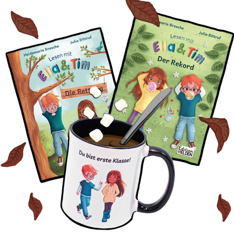 Ella und Tim 1 + 2 mit einer Tasse Kakao mit kleinen Marshmallows. Es fliegen braune Blätter umher.