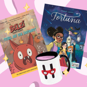 Belzi + Fortuna + Helden Tasse. Alles ist von rosa Plörre und gelben Sternchen umgeben.
