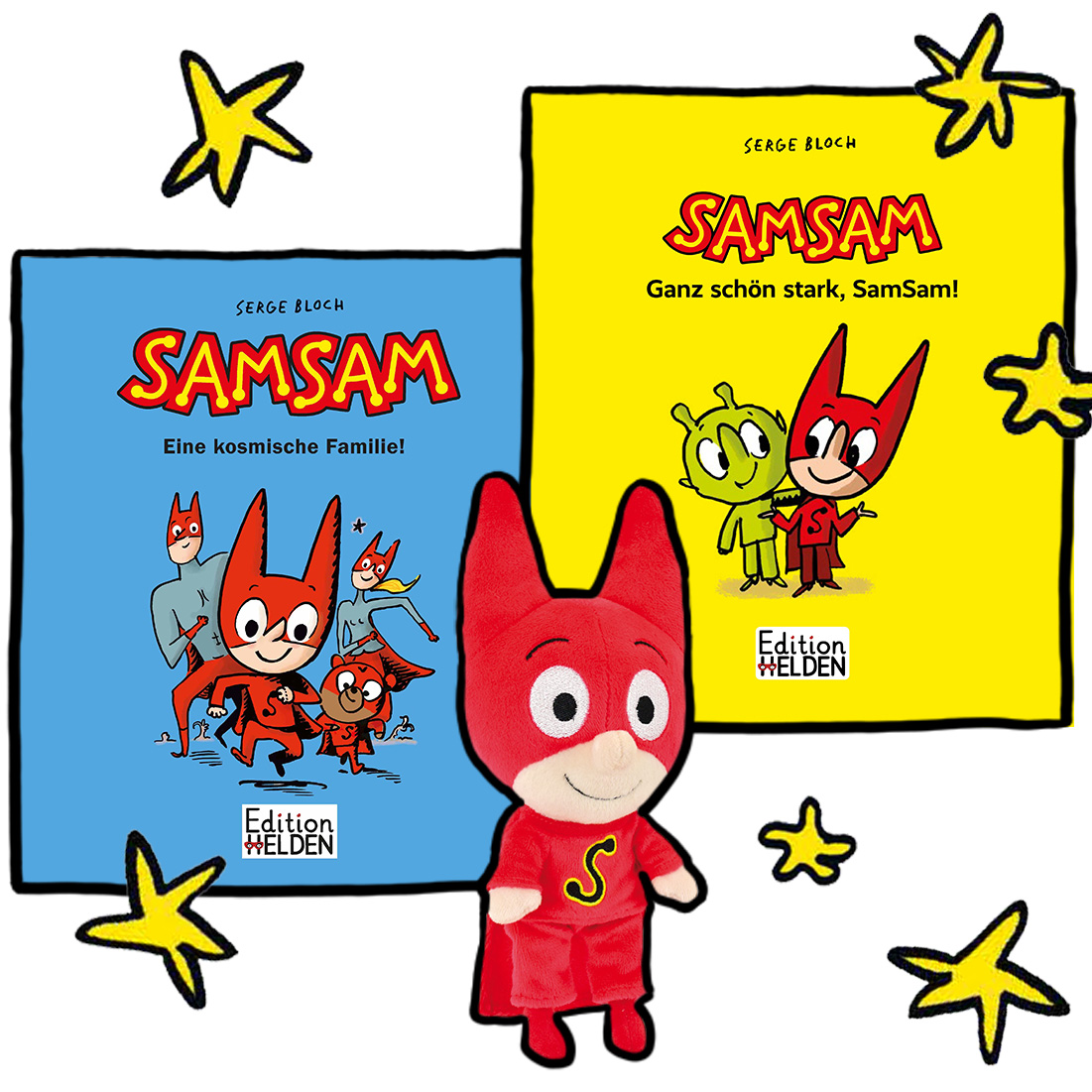 SamSam: DER Superheld für Kindergartenkids 1 SamSam 1 + 2 + Plüschtier. umgeben von gelben Sternchen.