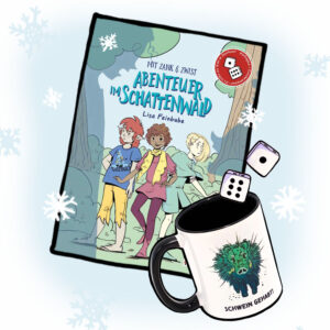 Abenteuer im Schattenwald + Würfel + Kaktuswildschweintasse auf hellblauem Hintergrund umgeben von Schneeflocken.